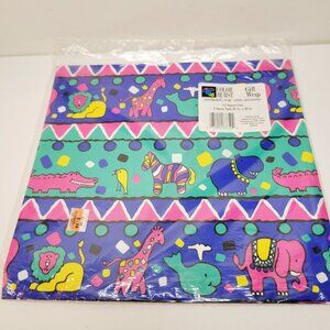 Vtg Color Burst Neon Bright Safari Zoo Animals Gift Wrapping Paper Party Hippo
